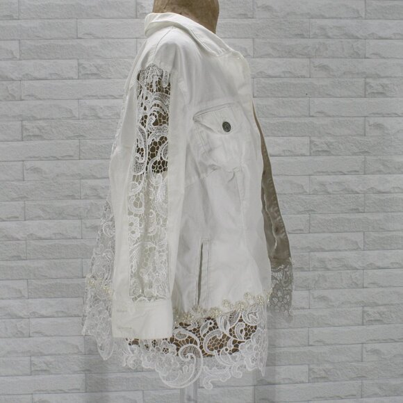 HAND CRAFTED Jacket Denim Upcycled Lace Pearl Trim Floral White Plus Size 16 - Picture 5 of 14